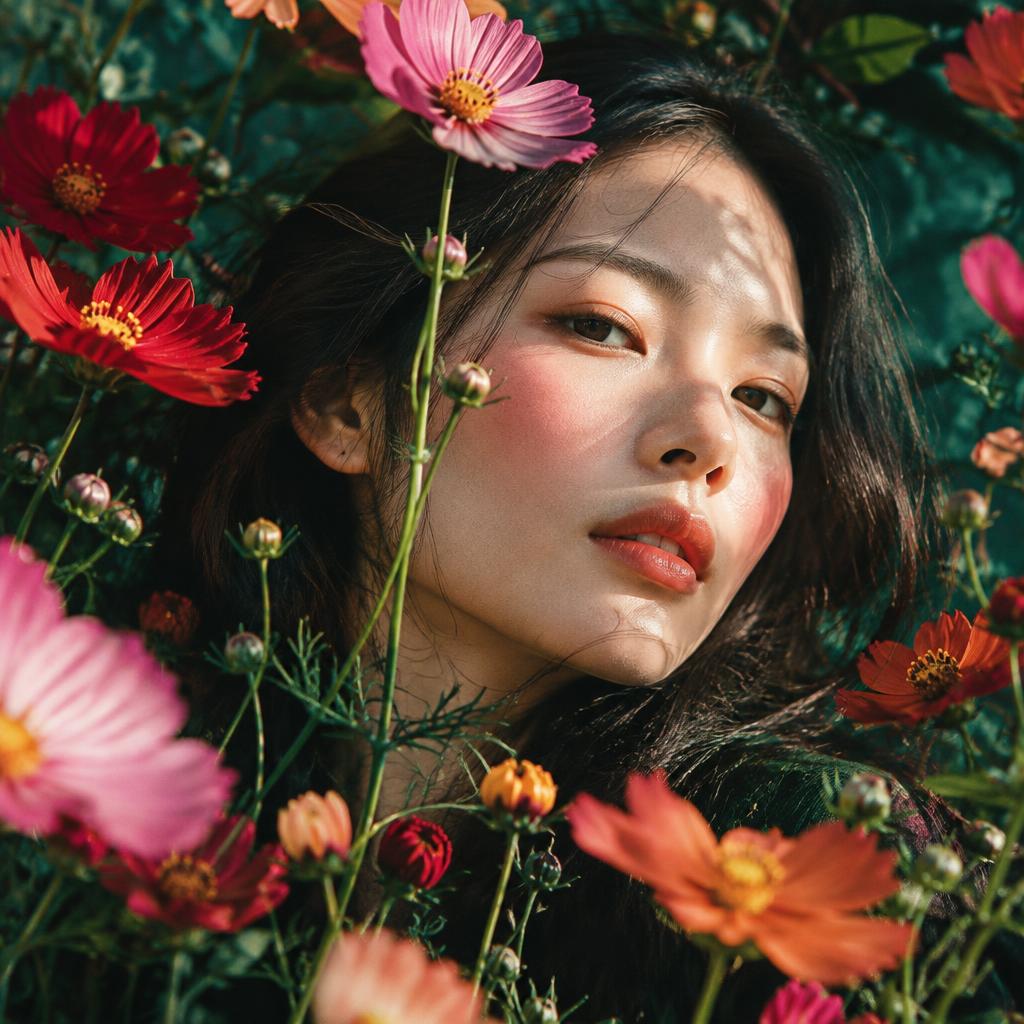 Pink cosmos framing a face